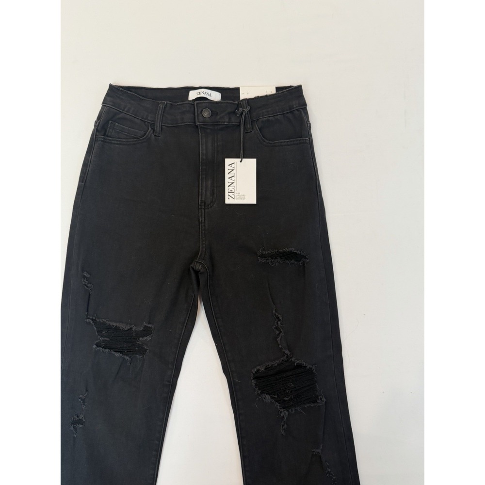 Zenana Women's Black Distressed Straight Jeans Slim Fit Mid Rise Frayed Hem 30